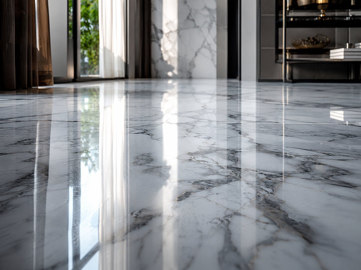 Sol en marbre blanc veiné — reflet miroir après cristallisation professionnelle
