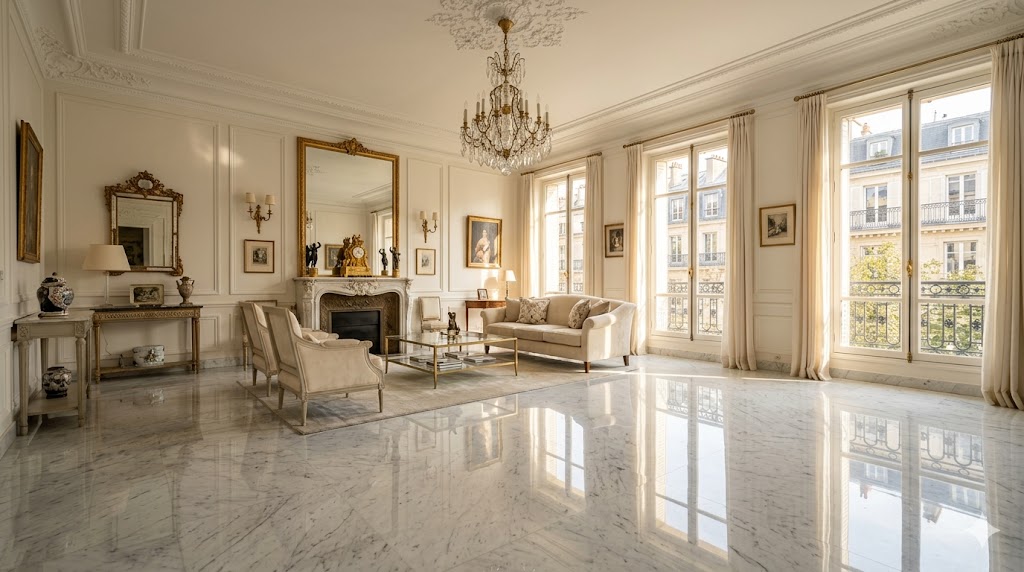 Salon haussmannien Paris — sol en marbre de Carrare poli brillant