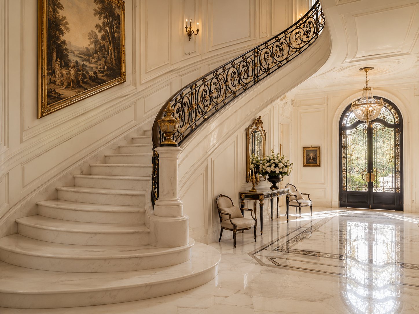 Escalier en marbre blanc de prestige — marches et hall polis