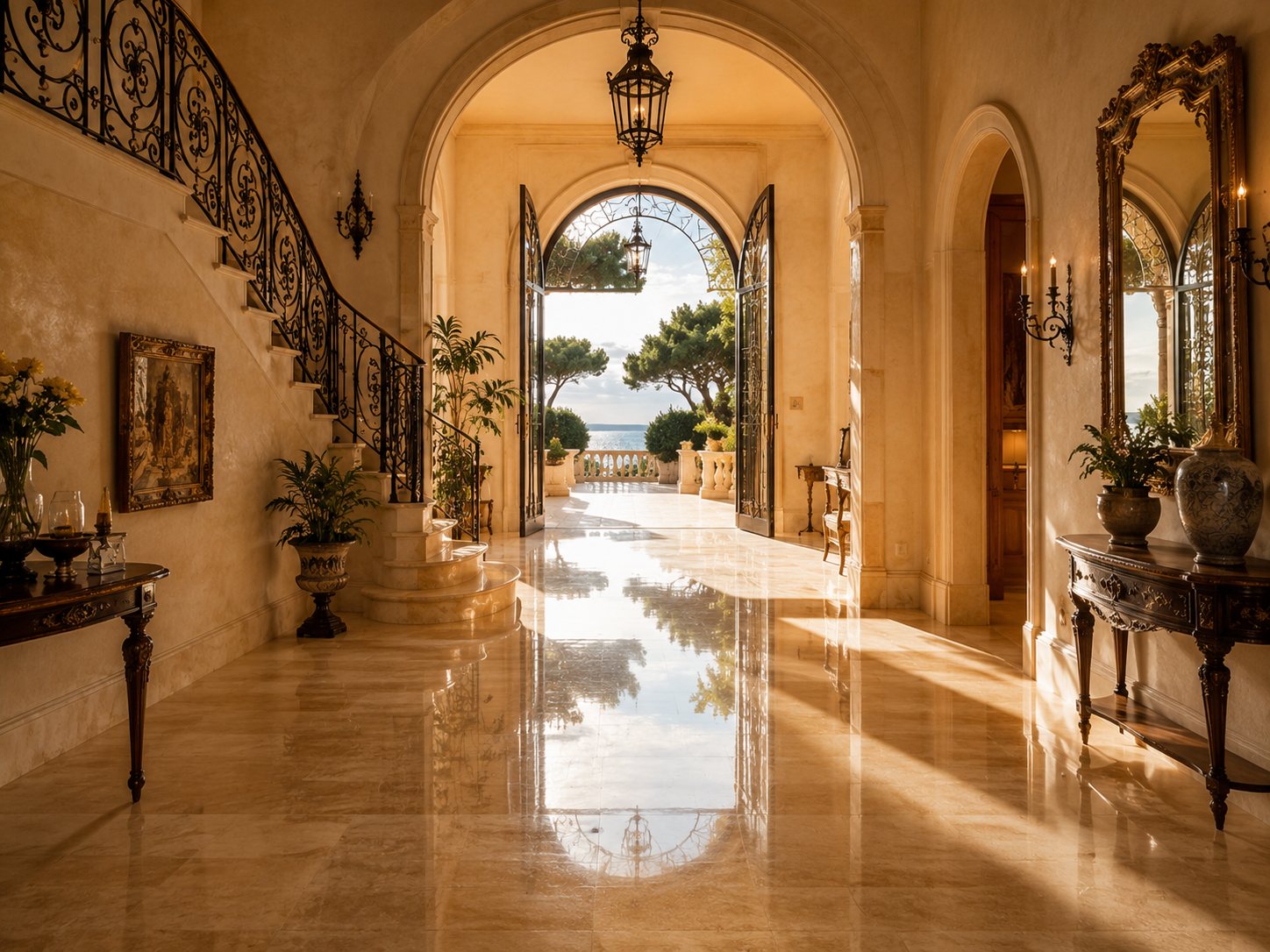 Hall d'entrée villa Côte d'Azur — travertin rosé poli brillant