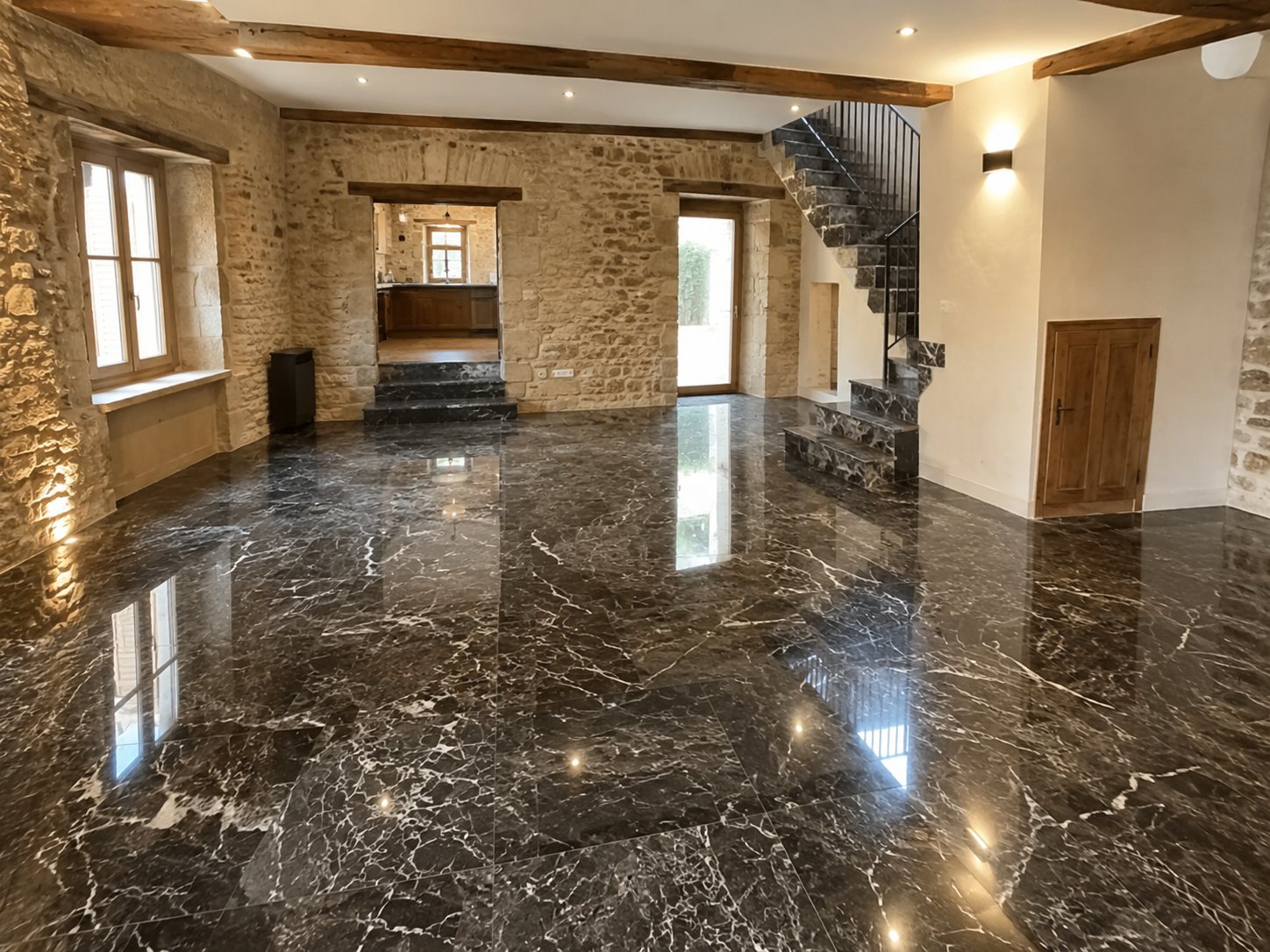 Salon en marbre noir Marquina poli brillant — maison de maître en pierre rénovée