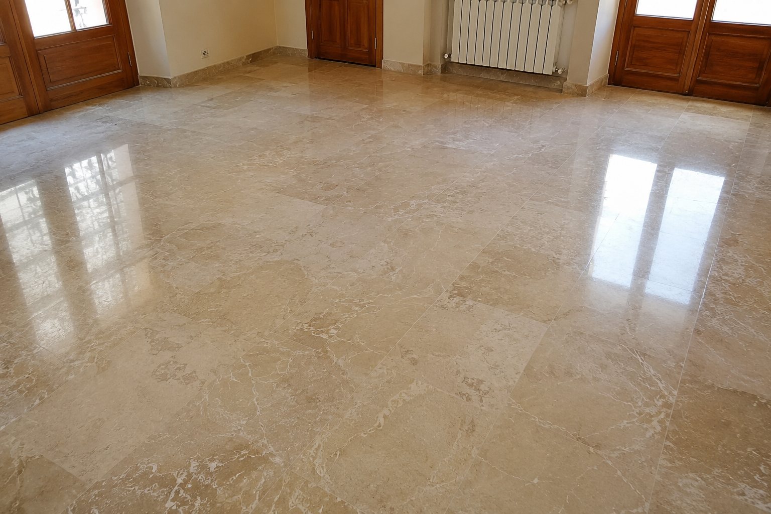 Sol travertin beige poli miroir — salon lumineux avec reflets parfaits